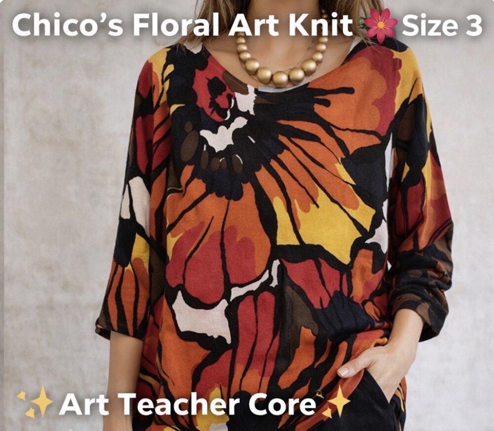 Chico’s Sz 3 (XL 16) Vibrant Artsy Floral LS Cashmere Career Sweater